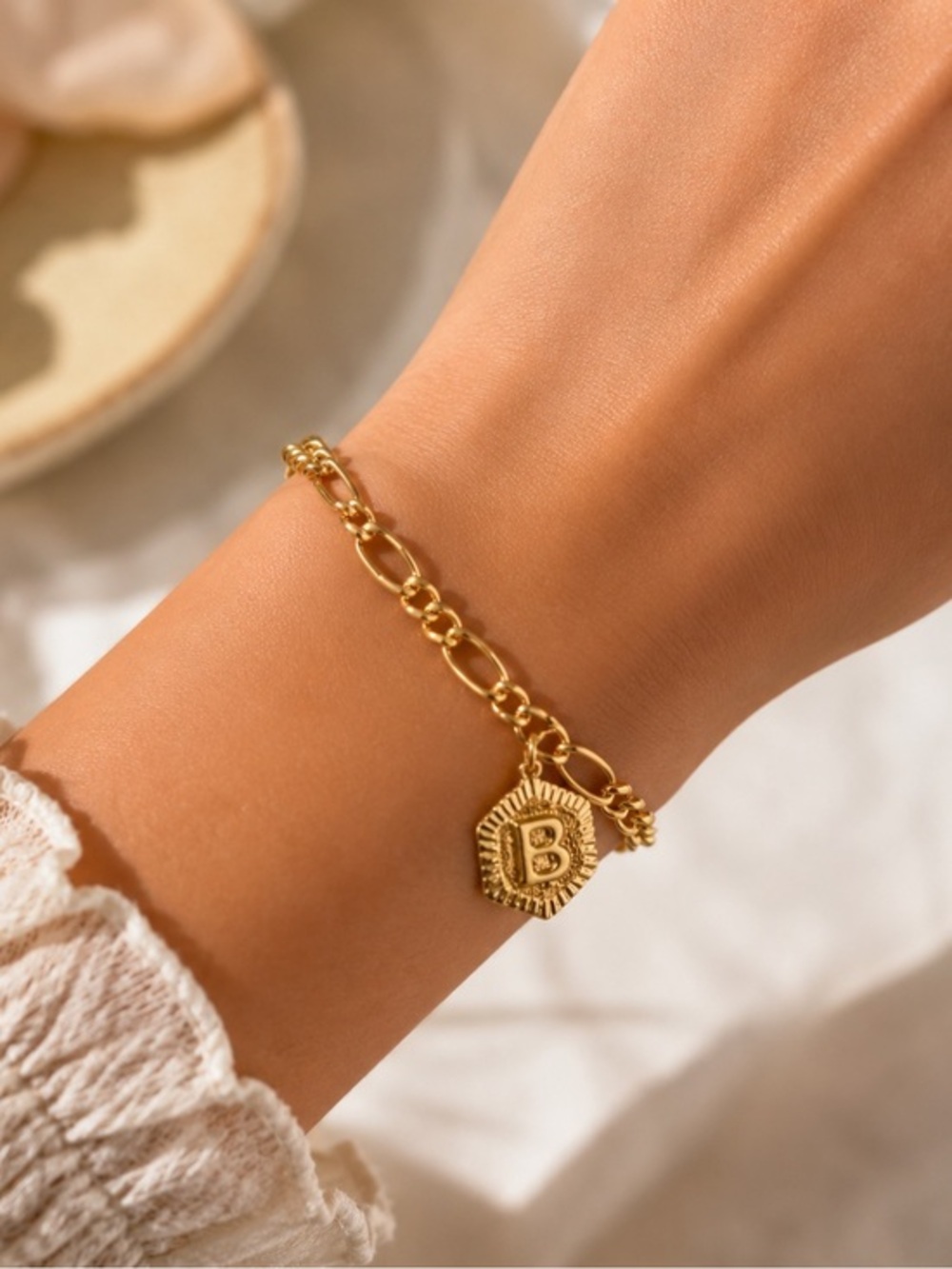 Gold Initial “B” Charm Figaro Chain Bracelet NWT